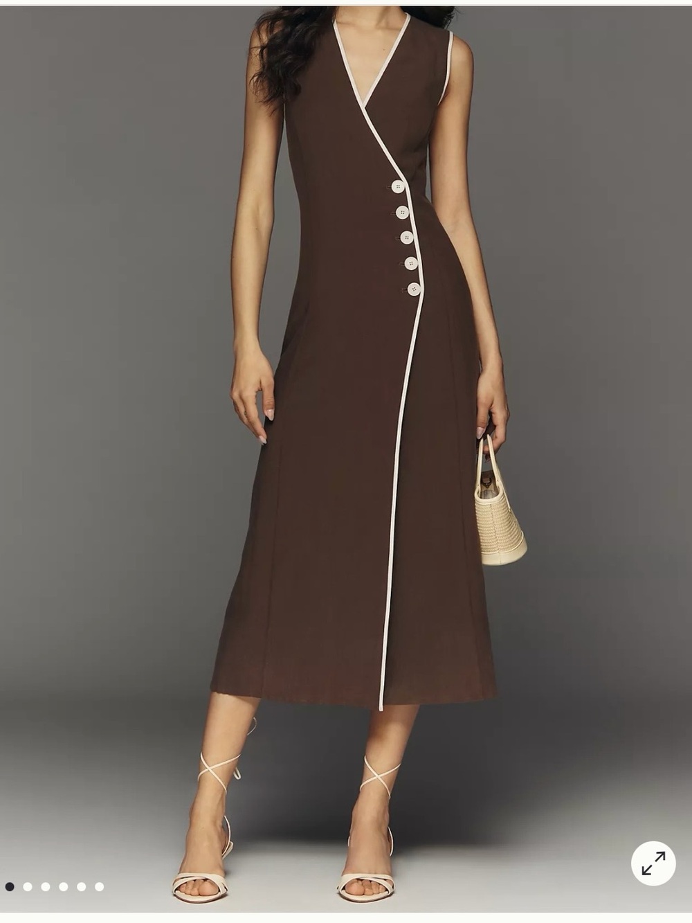 Sleeveless Brown Midi Wrap Dress with White Trim